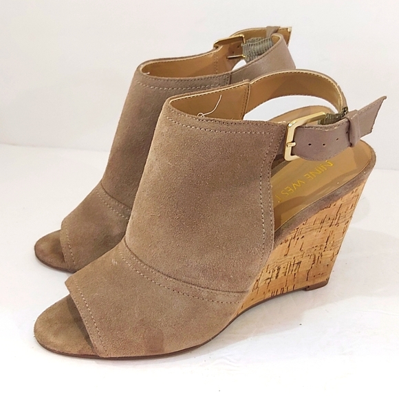 NINE WEST Women's Patono Faux Suede Wedge Sandals Nude Tan Size 8 - Picture 3 of 8